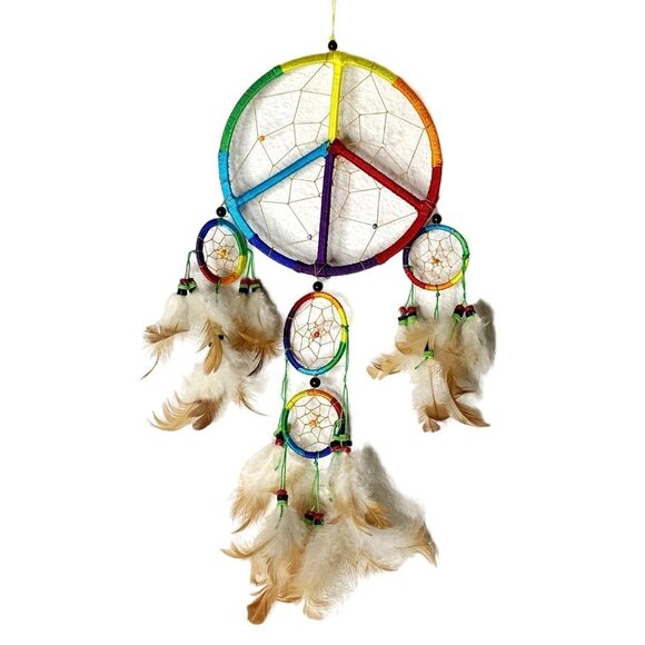 Rainbow Dreamcatcher Beaded with Feathers 15” Length - Picture 1 of 6